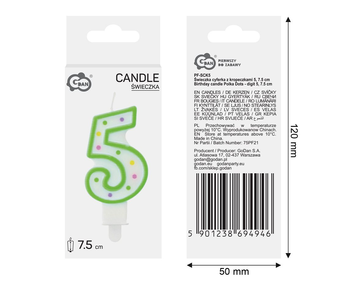 Candle number with dots 5, 8 cm